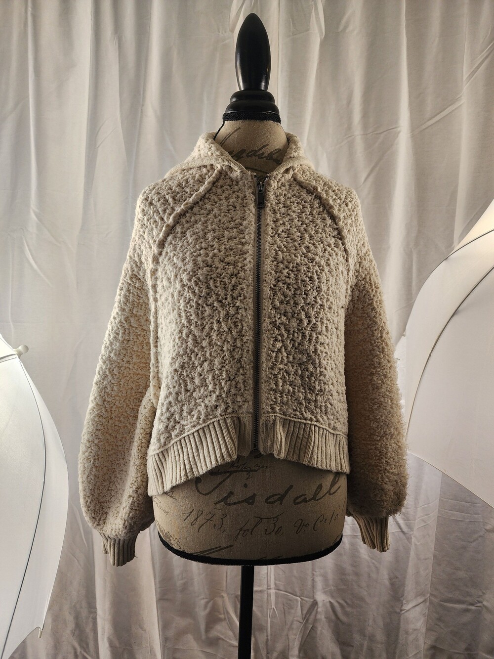 Free People Cream Hooded Zip-Up Jacket XS Textured Knit